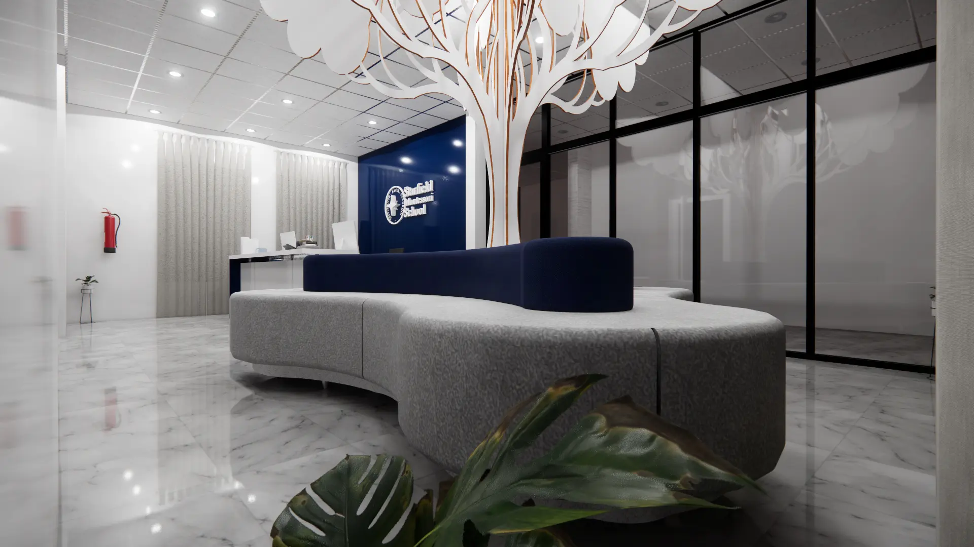 A sleek interior design of a school reception by skyaceatelier